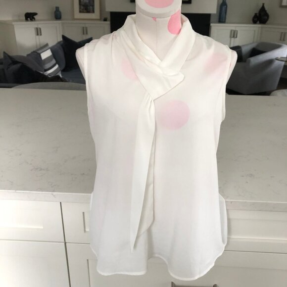 Calvin Klein Sleeveless Loop Tie Lined Blouse in Polyester Blend Off White Sz S - Picture 2 of 11